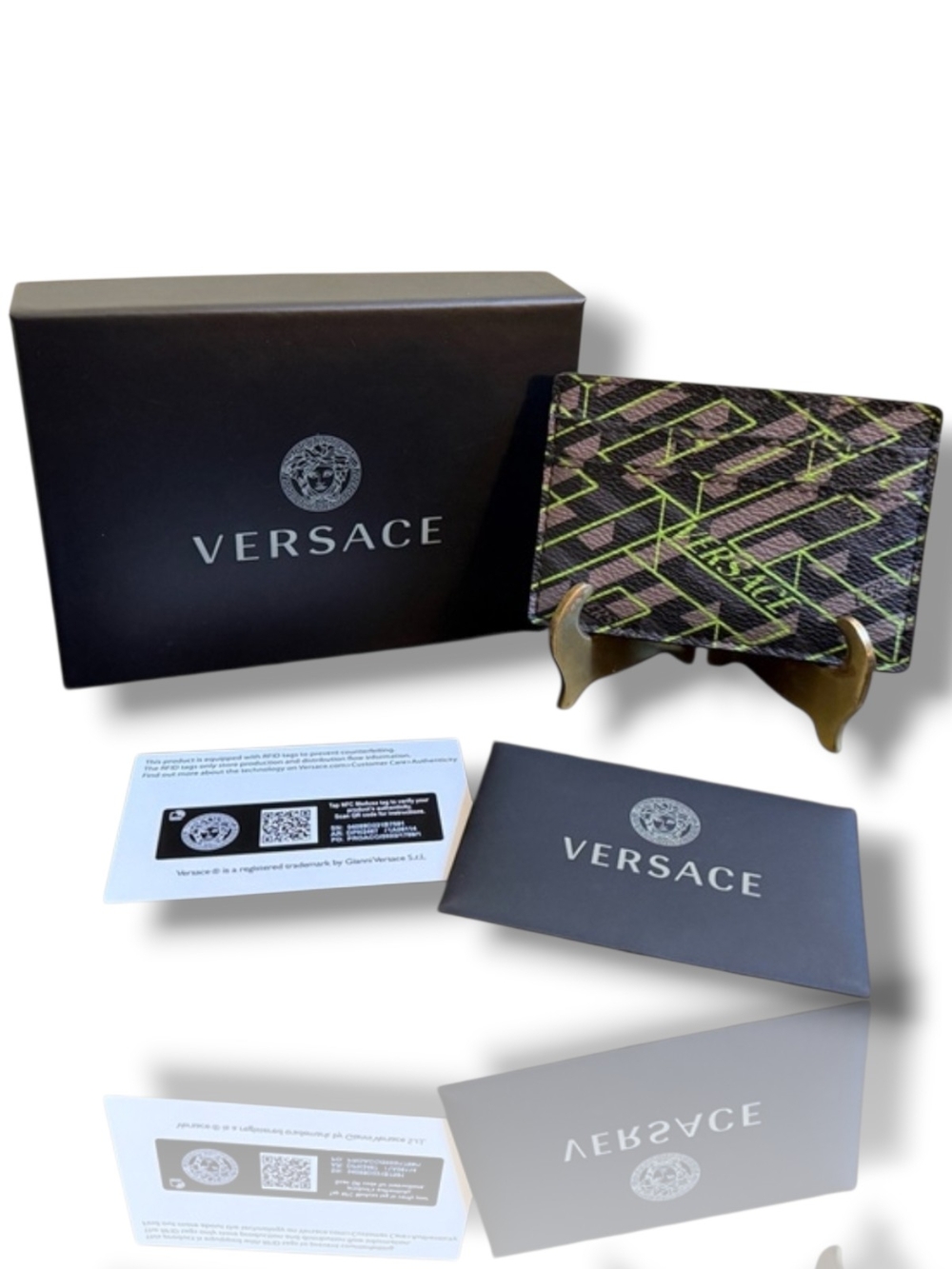Versace La Greca Signature Card Case Black/Kakhi with Neon Green Accent